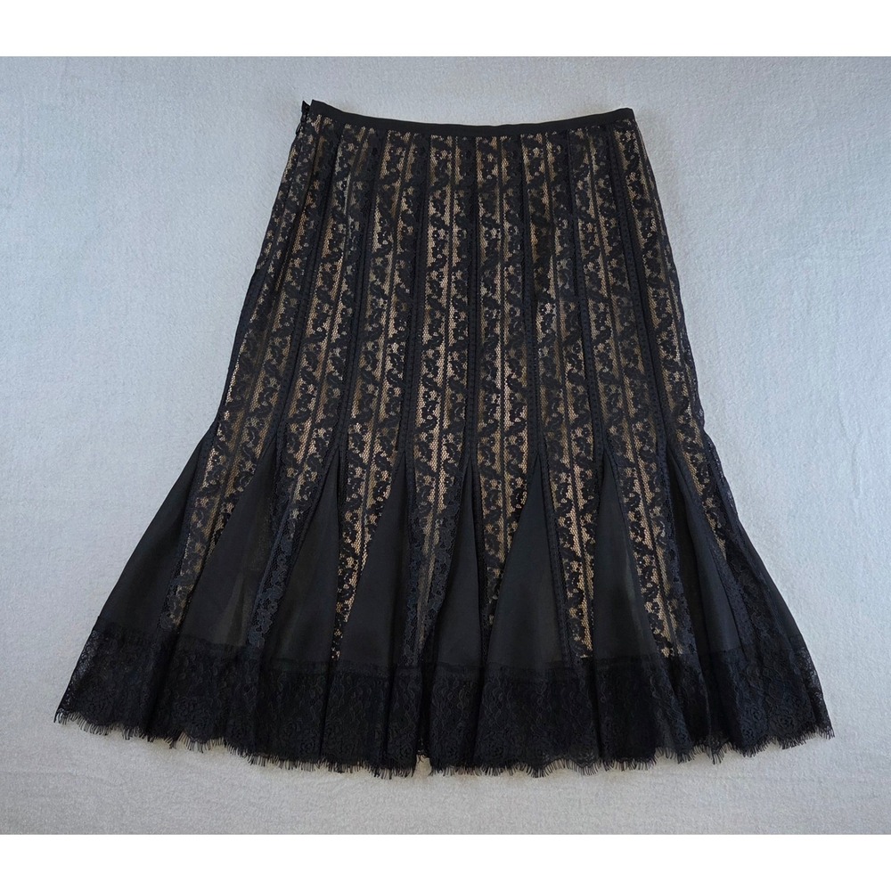 Black Lace Godet Midi Skirt Eyelash Trim Size 2 Dressy Evening Goth Dark Romance